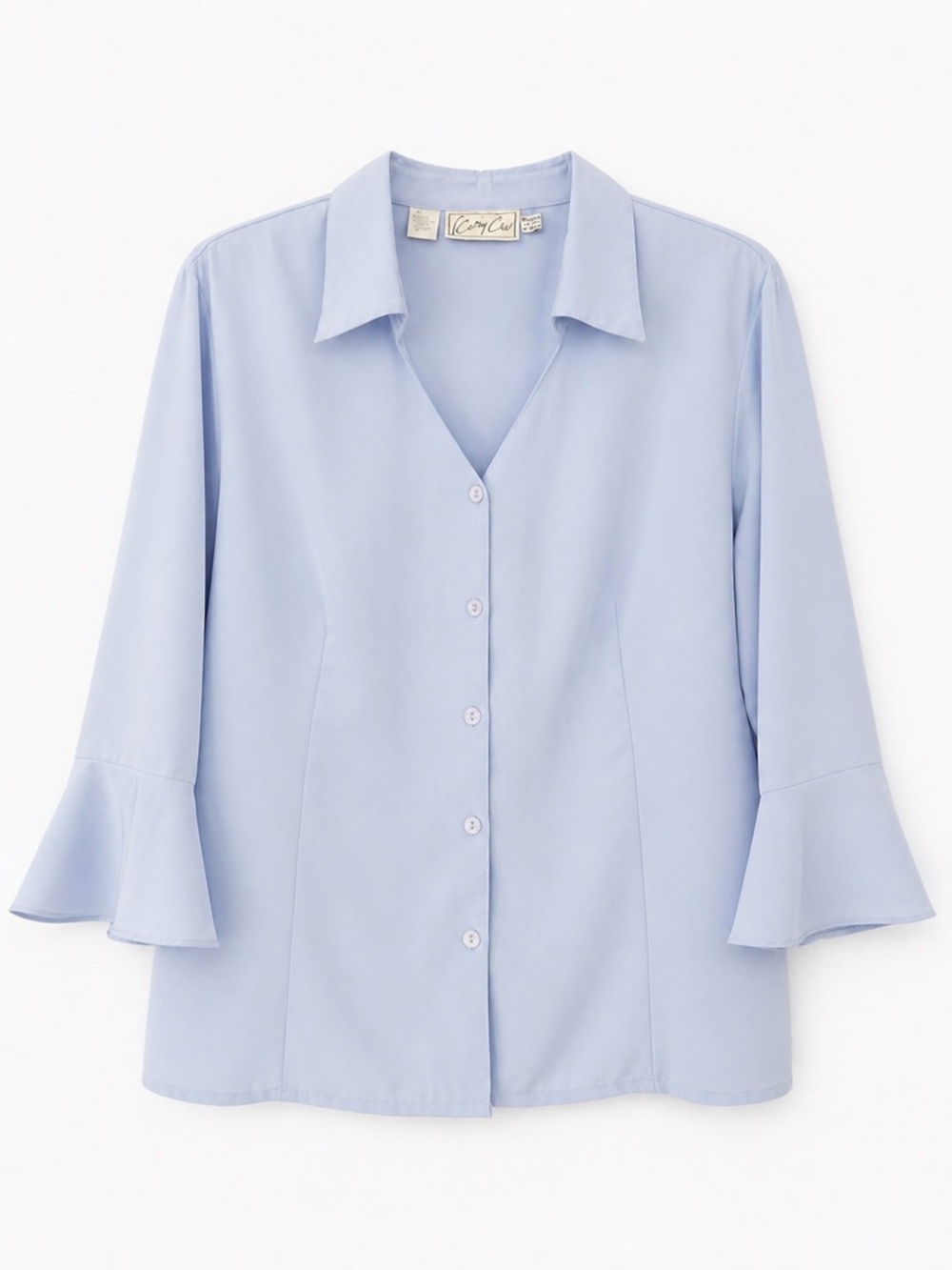 Kathy Che Blouse button up light blue 3/4 bell sleeves v-neck size 16